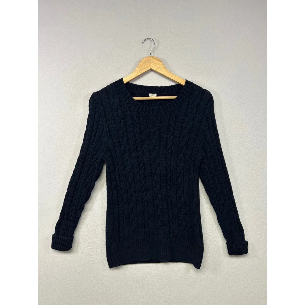 Preppy J.Crew Womens Large Navy Blue Cable Knit Cotton Crewneck Sweater 65042